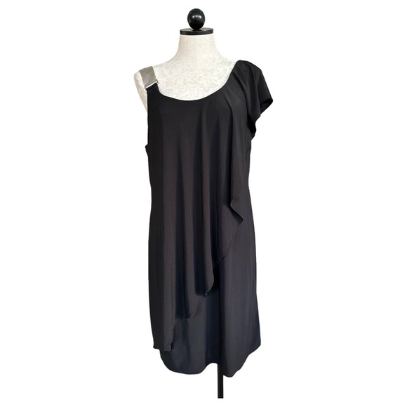 Black Cocktail Dress One Shoulder Silver Chain Strap One Flutter Fits Large - Picture 12 of 12
